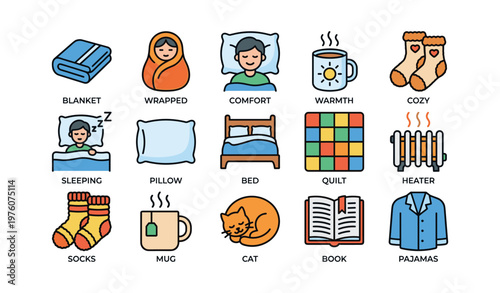 Cozy and warm icons featuring sleep, comfort, and relaxation essentials