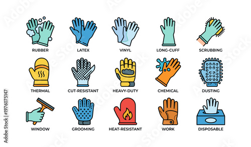 Colorful glove types illustration: rubber, latex, vinyl, and specialty designs