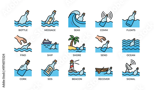 Message in a bottle icons with ocean waves and coastal elements