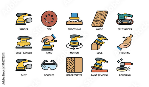 Sanding tools and techniques icons: sander, wood, polishing, finishing, safety gear