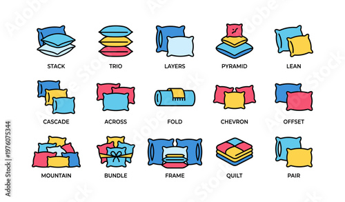 Various pillow arrangements and styles illustrated in colorful icons