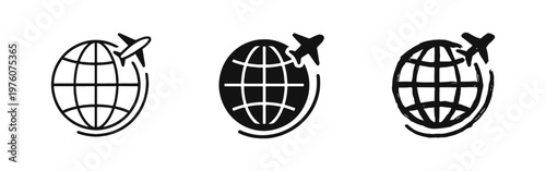 Global Travel and International Flight with Airplane Around Globe Icon Set