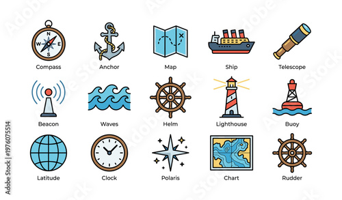 Nautical icons set featuring compass, anchor, ship, lighthouse, and waves