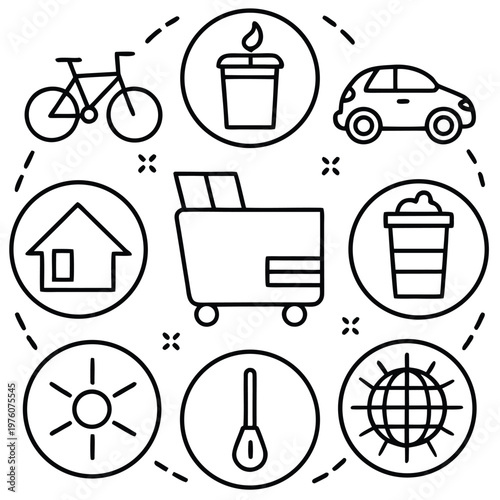 A collection of simple icons representing elements of a daily routine. a set of minimalist illustrations with a bicycle, candle, car, shopping cart, coffee, spoon, house, and sun. 