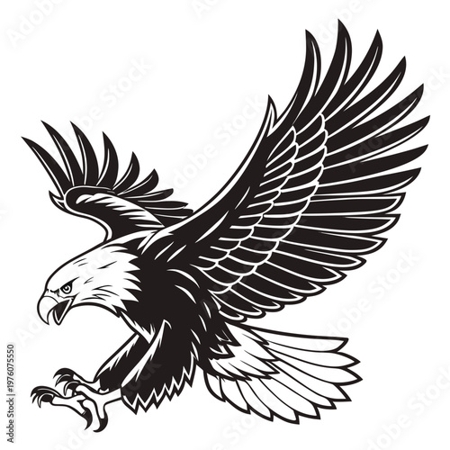 A black and white vector graphic illustration of an eagle in flight with outstretched wings and sharp talons