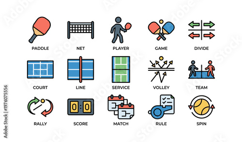 Tennis icons set: paddle, net, player, game, court, line, service, volley, team, rally