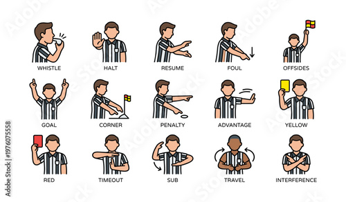 Illustrated soccer referee signals and gestures for game officiating