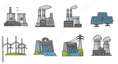 Diverse Energy Sources - Power Plants, Solar Panels, Wind Turbines, Hydroelectric Dams.