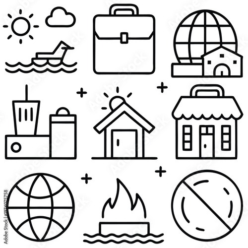 Set of graphic resources business, vacation, industry and environmental elements including a briefcase, office building, water, travel and other icons. 