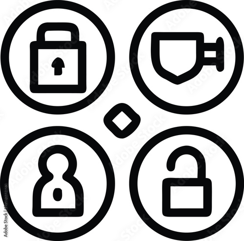 A collection of security icons arranged in a circular design represents the digital realm of protection, conveying concepts of safety, privacy and access. 