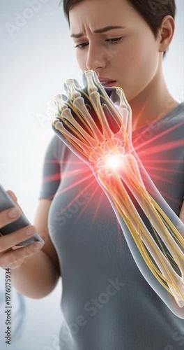 Woman with illuminated hand bones and phone medical illustration