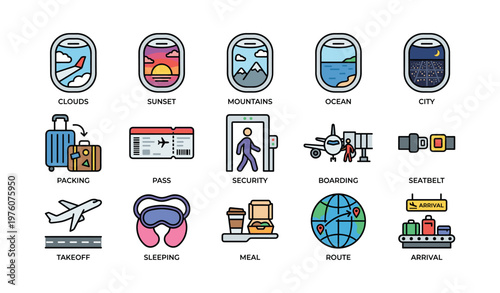Air travel icons showing packing, security, boarding, flight, arrival elements