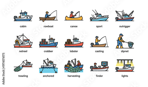 Various fishing boats and activities illustrated with different types and actions