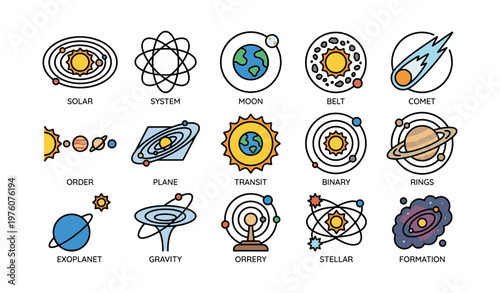 Solar system icons featuring planets, moons, and celestial objects in flat design