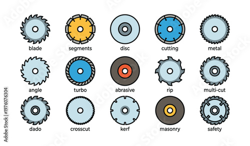 Collection of circular saw blades with various teeth patterns and functions