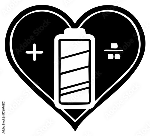 Battery with Heart Shape, Energy Plus and Minus, Symbol of Charge and Discharge