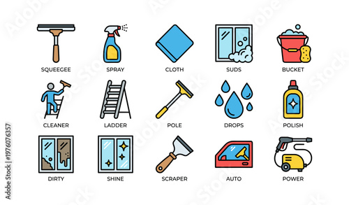 Window cleaning tools and supplies illustrations