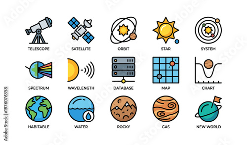 Colorful icons representing astronomy concepts and planetary types