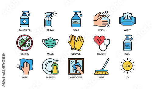 Hygiene essentials: sanitizer, soap, mask, gloves, health icons for clean living