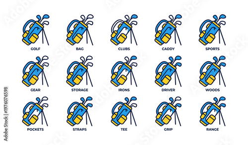 Golf bag icons with clubs and accessories for sports enthusiasts