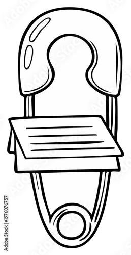 Ouline drawing of a diaper pin with a note attached, symbol for parenting and baby care