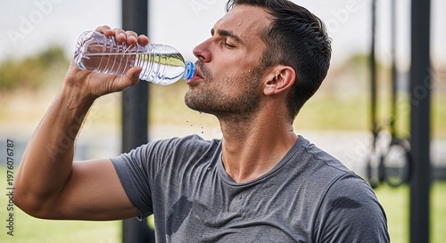 Athletic man drinking water after workout in outdoor gym setting  