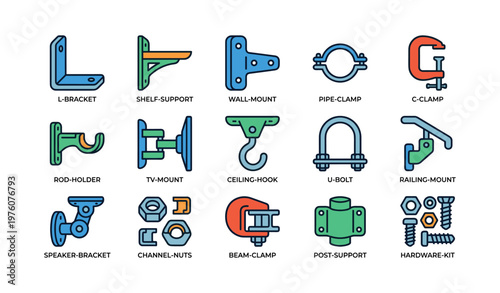 Colorful hardware icons: brackets, clamps, mounts, and supports collection
