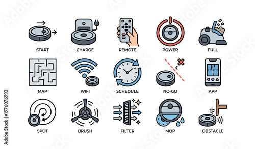 Smart robot vacuum cleaner icons: functions and controls