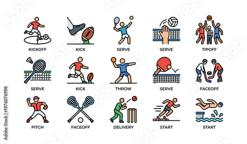 Illustrated icons of various sports actions and movements