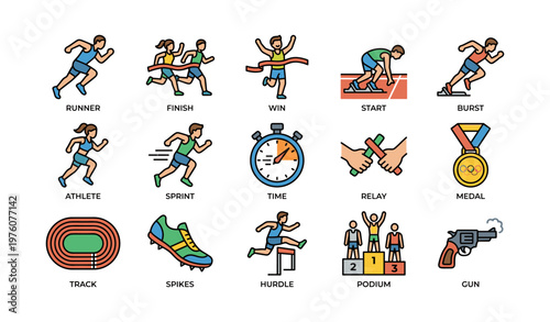 Track and field icons: running, sprinting, relay, podium, medal