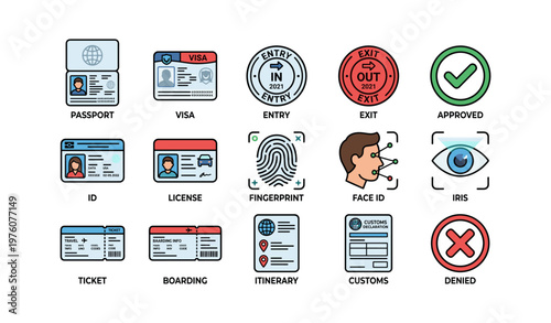 Identification and travel icons featuring passport visa entry and fingerprint