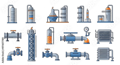 Oil and Gas Industry Equipment - Towers, Valves, and Pipes.