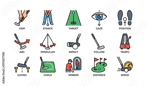 Illustrated golf techniques: grip, stance, target, gaze, position, and more