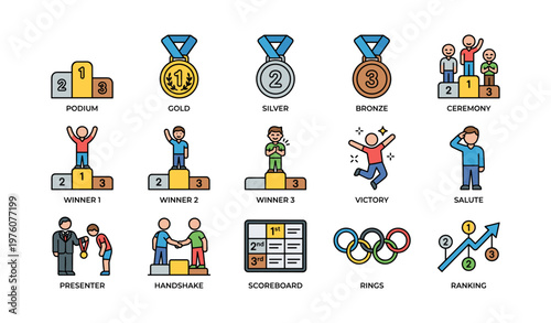 Award ceremony icons featuring medals, winners, rankings, presentation, and celebrations