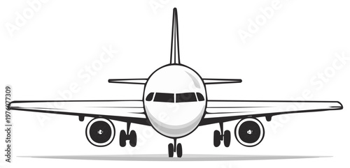 Front view of cartoon style passenger airplane, black and white outline.