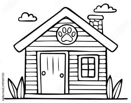 Line art drawing of a dog house with a paw print above the door and clouds