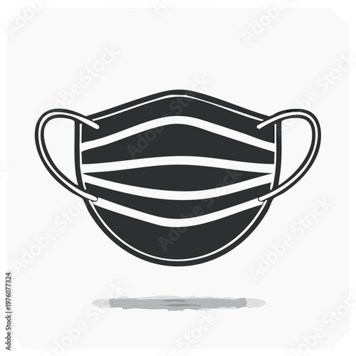 Stylized graphic of a protective medical face mask with elastic ear loops and horizontal stripes for hygiene and safety