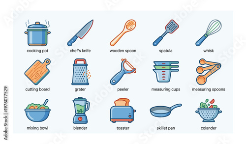 Colorful kitchen utensils collection with cooking pot, knife, whisk, and blender