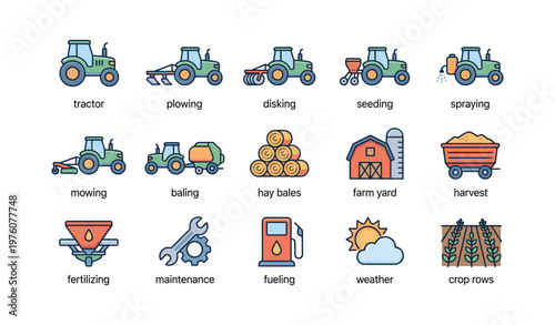 Colorful icons of farming equipment and agricultural activities