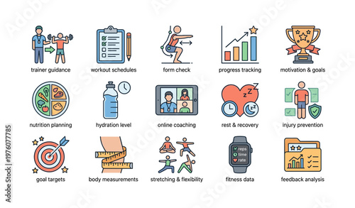 Fitness training icons: guidance, workout schedules, motivation, nutrition, progress