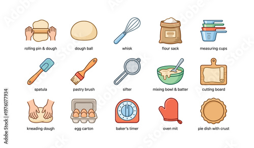 Baking tools: dough, whisk, flour sack, mixing bowl, spatula icons