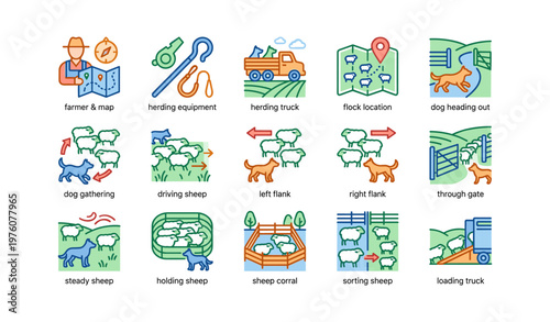 Sheep herding process icons with equipment, trucks, dogs, and corral graphics