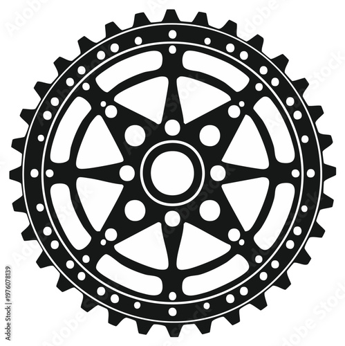 Monochrome Bike Crankset Sprocket with Intricate Star Design and Circular Holes