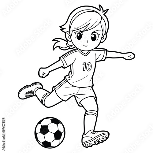 Cartoon soccer girl illustration playing football match coloring page vector line art drawing isolated for children activities.
