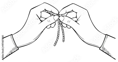Close up of hands skillfully tying a knot with rope in a simple line drawing illustration