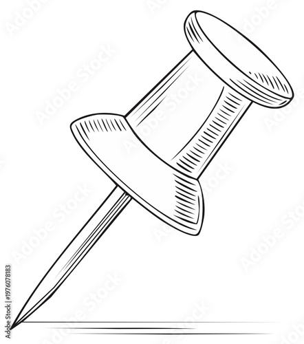 Detailed sketch of a single sharp thumbtack with hatching detail, isolated on a white background
