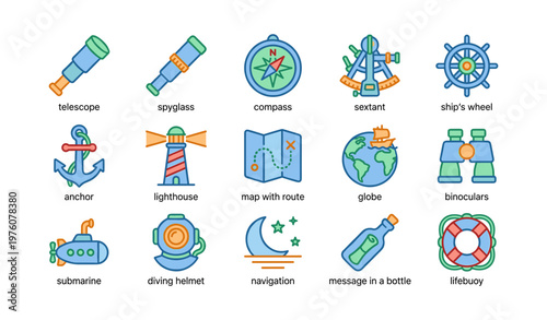 Nautical exploration icons set featuring telescope compass anchor and globe