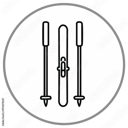 Black outline icon depicting a pair of skis and two ski poles inside a gray circle symbol representing winter sports or alpine skiing equipment