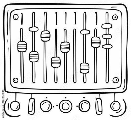 Illustration of an audio mixing board with sliders and knobs for sound adjustment