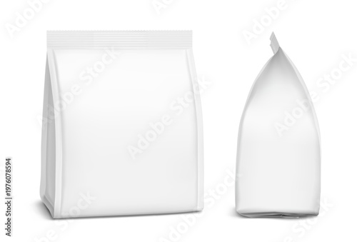Vertical gusset bag mockup for food, sport nutrition. Half side and side view. Vector illustration isolated on white background. Can be use for template your design. EPS10.